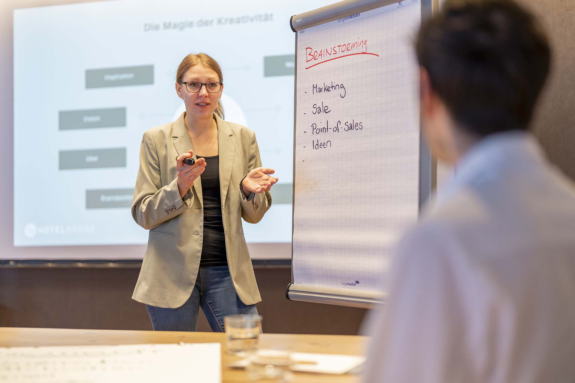 Team beim Brainstormen, schreibt Ideen auf Flipchart