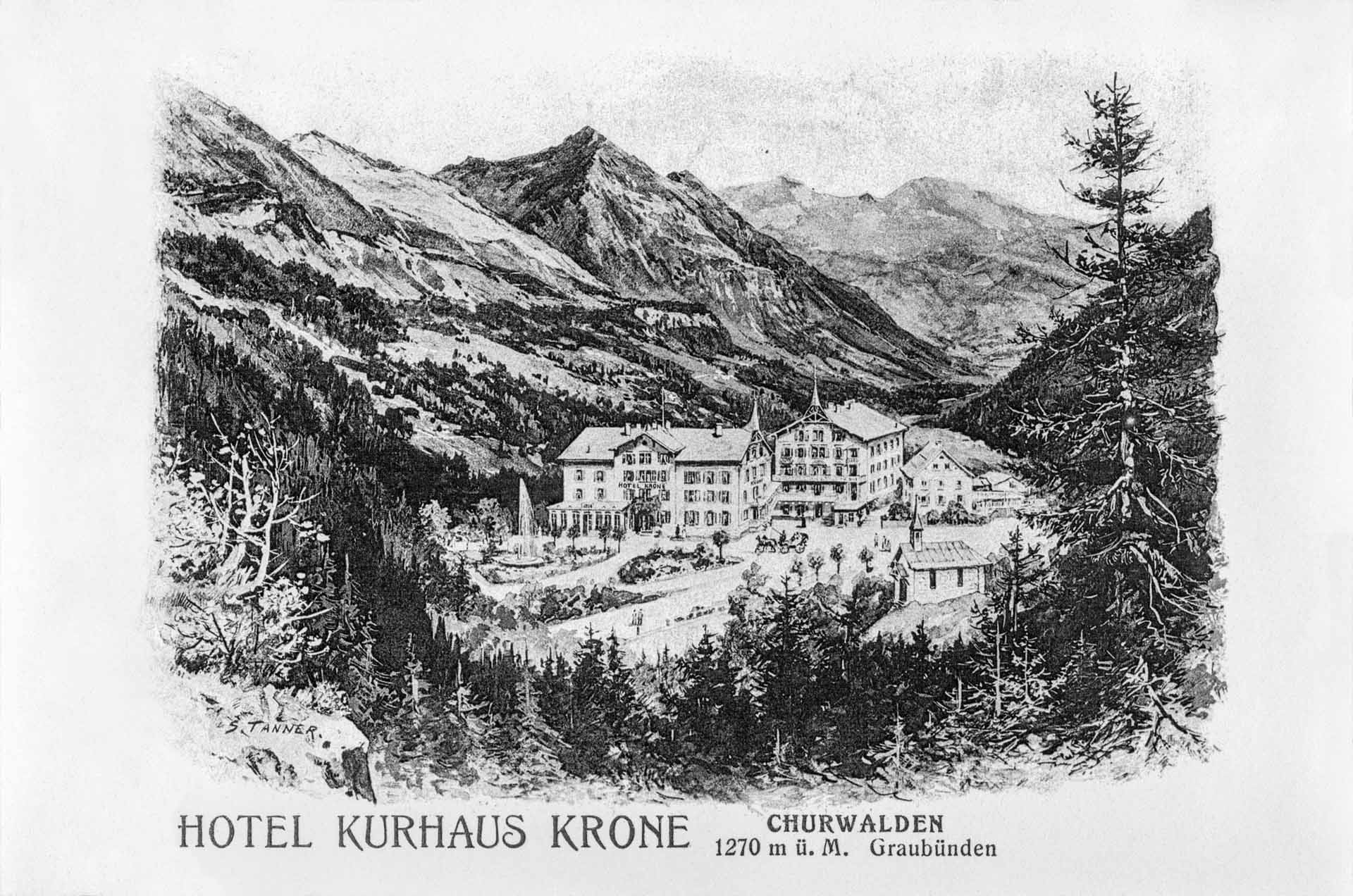 schwarz-weiss Zeichnung vom Kurhaus Krone in Churwalden