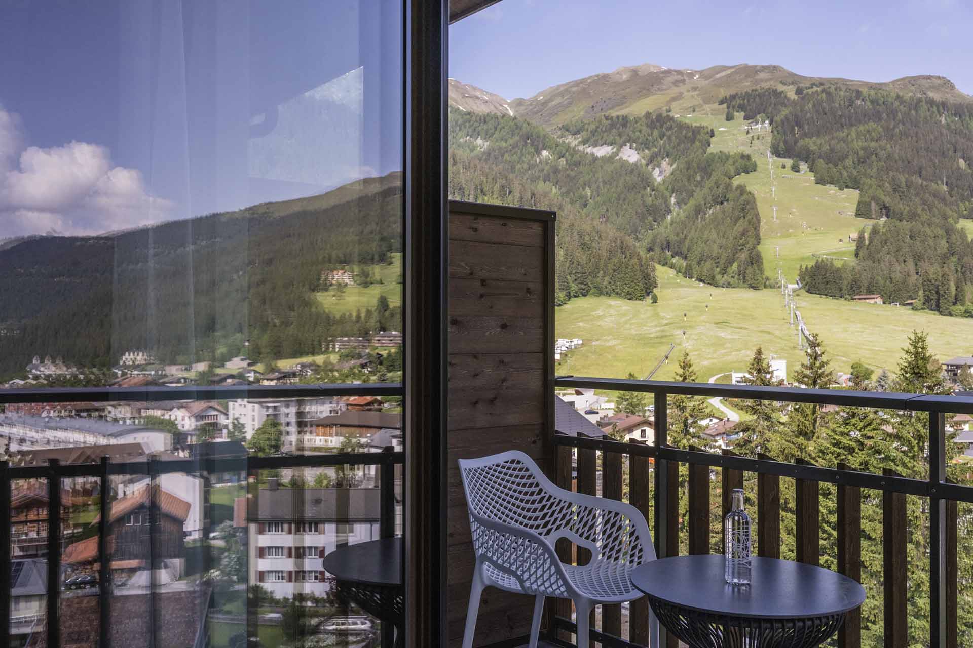 View from a hotel room at the Hotel Krone Erlebnisberg in Churwalden in the summer